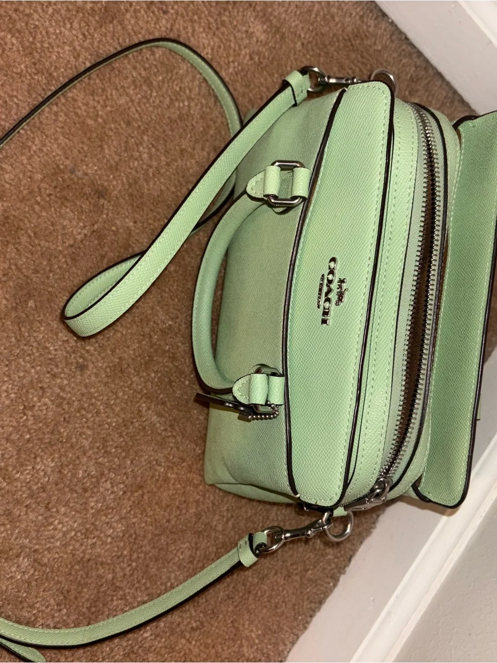 COACH Darcie Mint Green Leather Satchel with Crossbody Strap